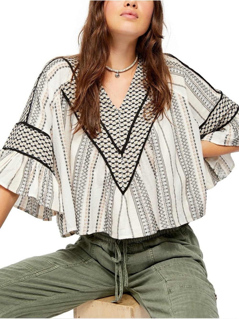 Free People Embroidered Striped Bell Sleeve High-Low Top Ivory Black S NWT